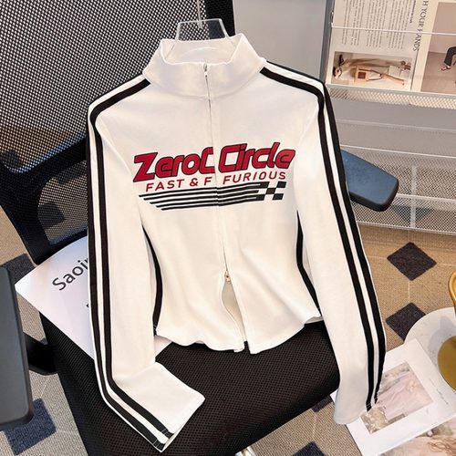 立领印花长袖t恤女早秋2024新款独特别致修身短款上衣双拉链开衫