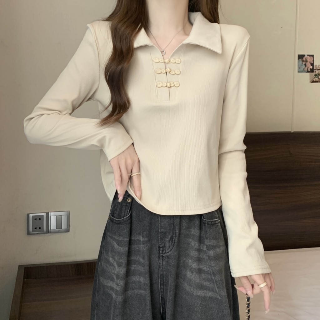 早秋新款中式短款polo领长袖t恤女国风扣甜美修身显瘦黑色上衣女