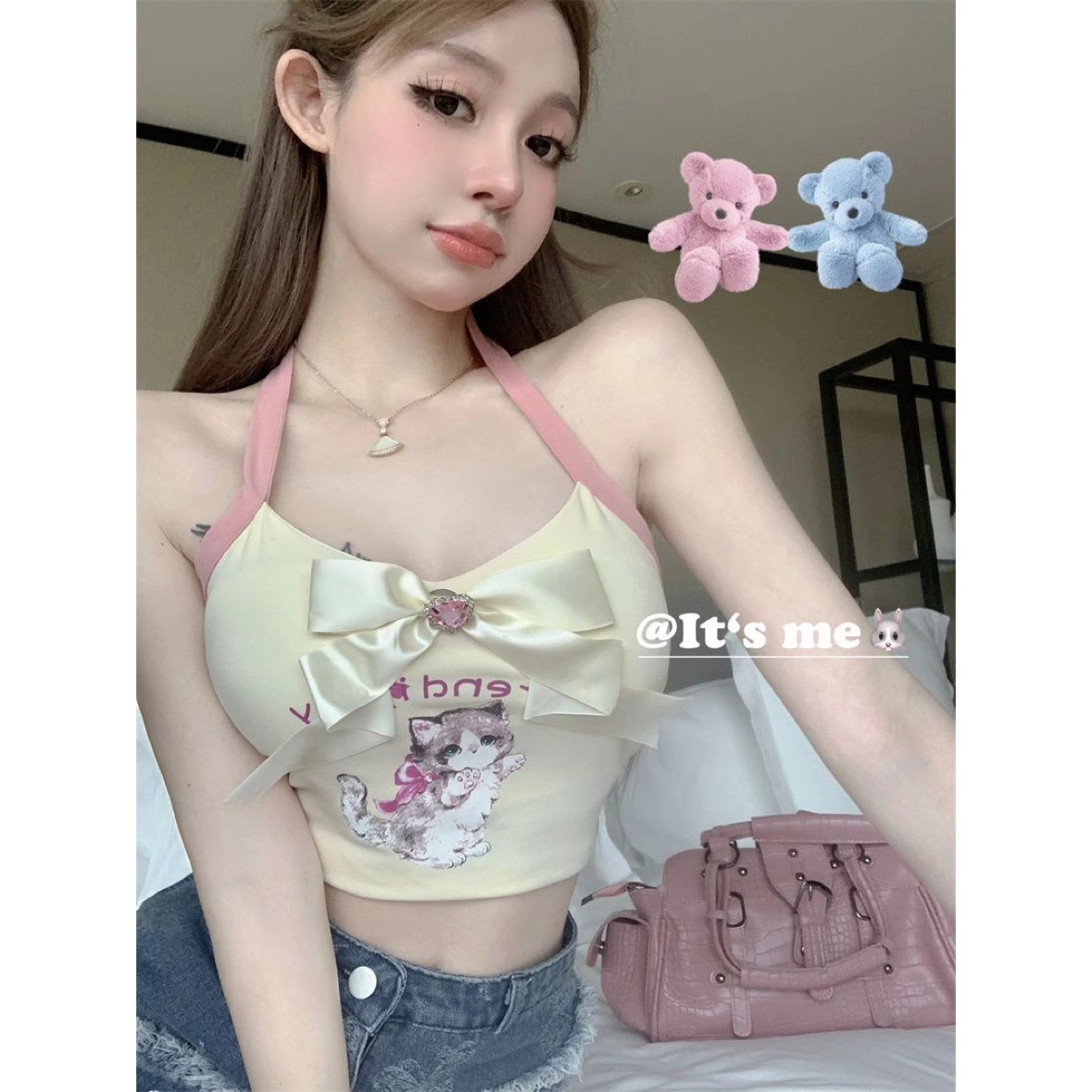 多巴胺穿搭卡通猫咪吊带背心女夏外穿纯欲辣妹抹胸挂脖一字肩上衣