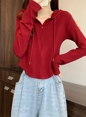 常规红色体恤女高级感长袖拉链