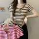 胖mm显瘦遮肚设计感正肩短款 大码 夏季 t恤女2023新款 上衣 条纹短袖