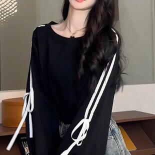 秋季 大碼 蝴蝶結(jié)休閑復(fù)古長袖 衛(wèi)衣女2024新款 胖MM遮肉顯瘦條紋上衣