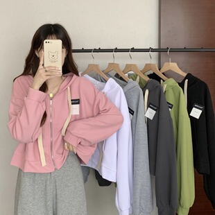 粉色抽绳连帽开衫卫衣外套女春秋薄款宽松bf慵懒风拉链短款上衣潮