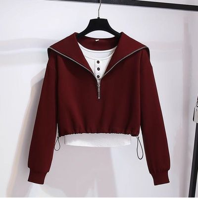 半拉链海军翻领卫衣内搭打底背心两件套女2025年春秋季新短款上衣