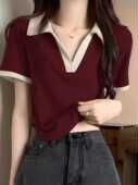 T恤女夏季 2024新款 爆款 插肩短袖 酒红色POLO领短款 设计感小众上衣
