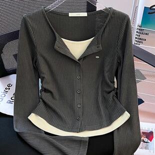 打底衫 设计感独特假两件长袖 胖mm修身 大码 上衣 T恤女2024早秋新款