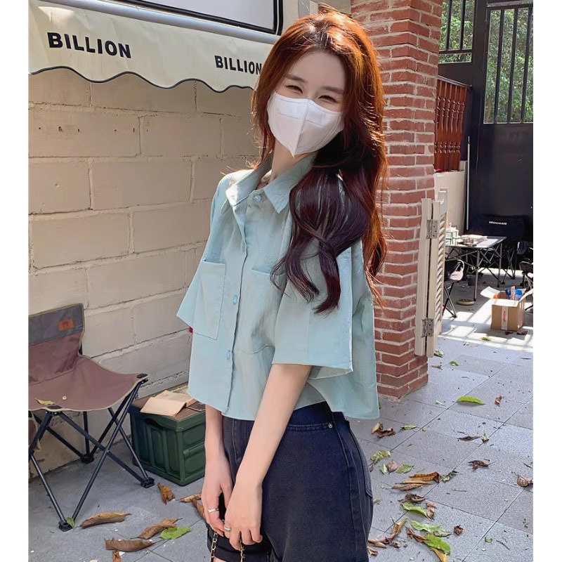 宽松酷辣妹纽扣短袖棉显瘦