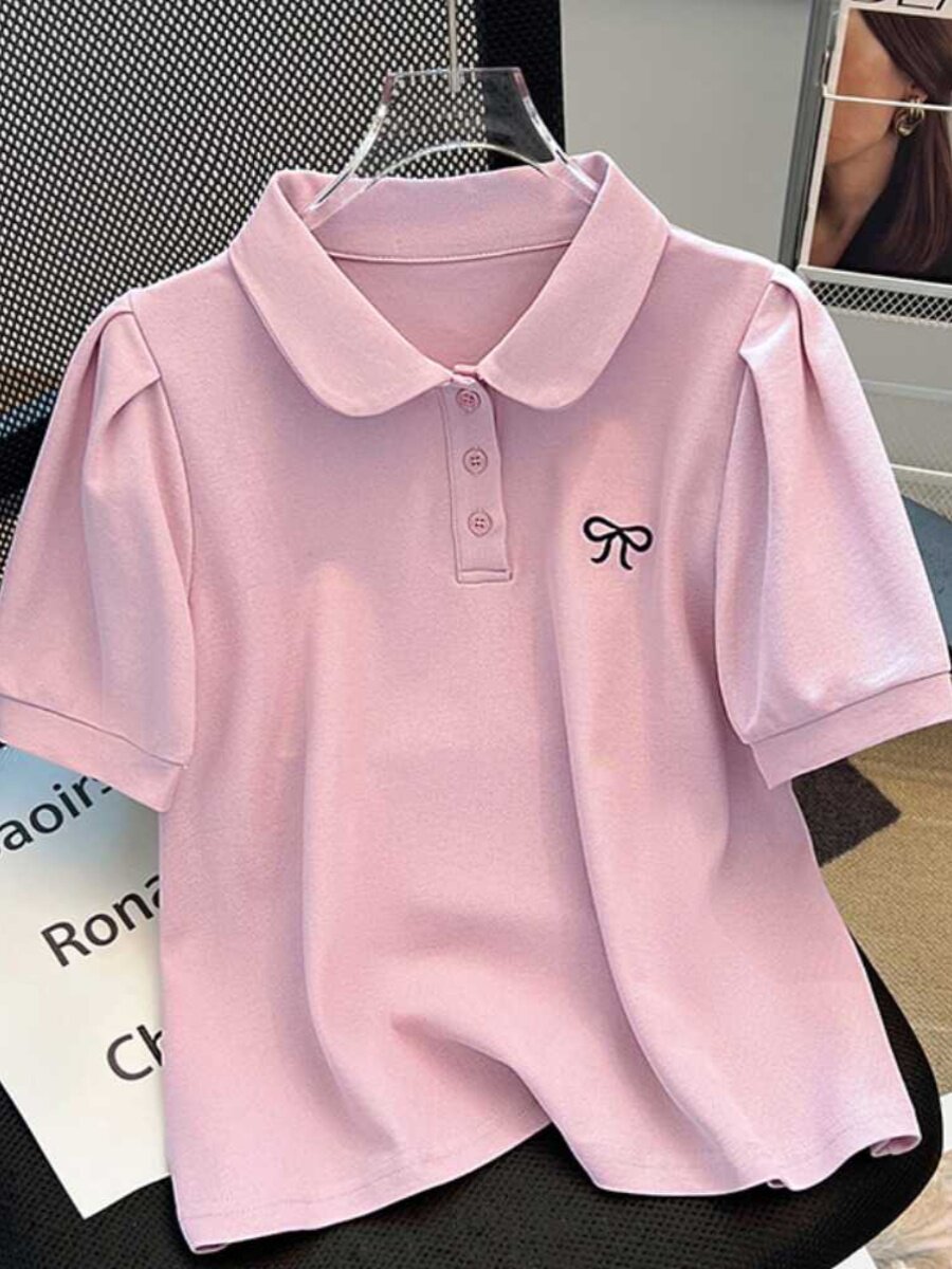 폴로 칼라 오른쪽 어깨 퍼프 슬리브 티셔츠 여성 반팔 2024 뉴 여름 틈새 옷깃 슬림 짧은 탑