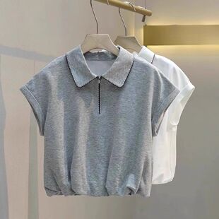 韩系新款宽松显瘦短款减龄上衣夏季小个子Polo领学院风短袖t恤女