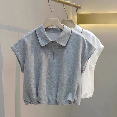 韩系新款宽松显瘦短款减龄上衣夏季小个子Polo领学院风短袖t恤女