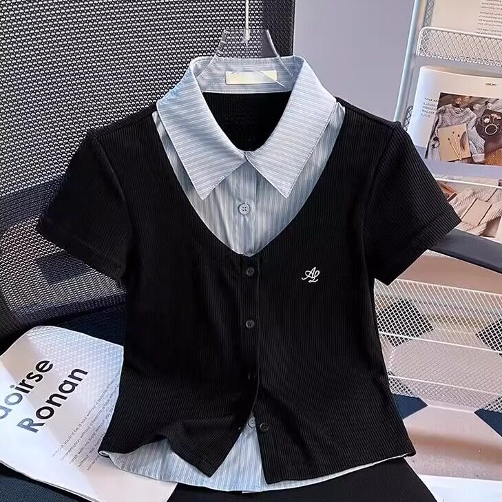 小众假两件短袖T恤女2025年夏季新款显瘦翻领polo领简约上衣ins潮