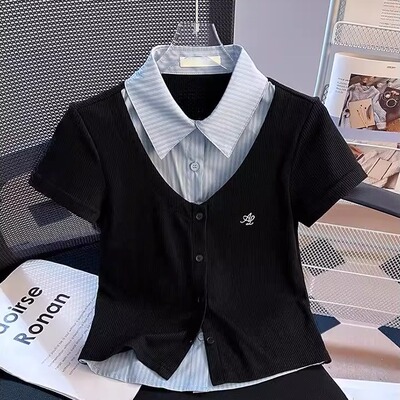 小众假两件短袖T恤女2025年夏季新款显瘦翻领polo领简约上衣ins潮
