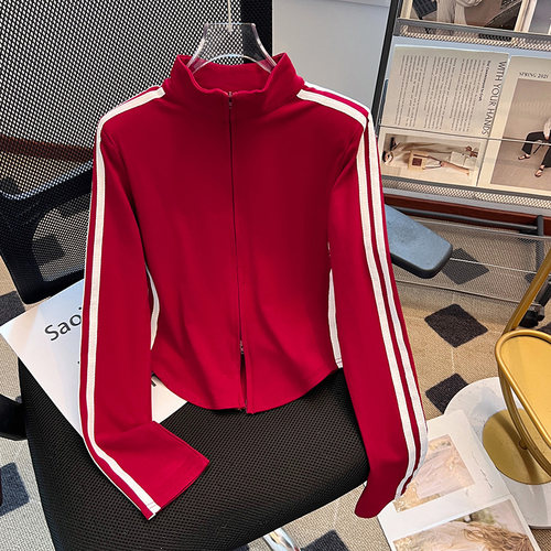 美式复古条纹立领拉链开衫打底衫女秋冬长袖修身磨毛保暖t恤上衣