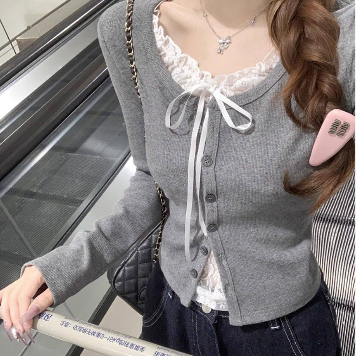 大码微胖mm蕾丝拼接假两件短款T恤女秋季独特别致遮肚子长袖上衣,女装/女士精品,T恤,淘宝优惠券,粉丝福利购,淘宝优惠卷