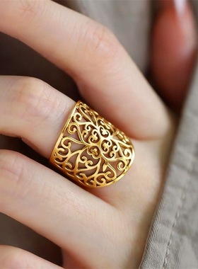 复古泰银镂空花戒指女简约创意文艺宽面雕花指环开口饰品厂家直销