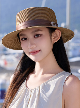 复古英伦风平顶草帽女夏季防晒帽