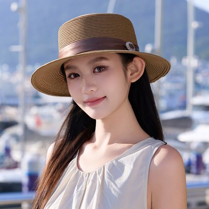 复古英伦风平顶草帽女夏季气质海边度假帽户外防晒百搭爵士帽礼帽