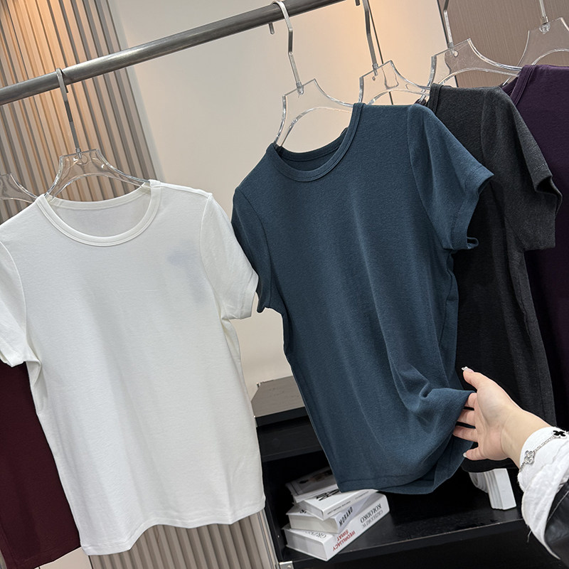 王者神货！夏季修身老钱风羊绒感基础款弹力软糯面膜短袖T恤衫女