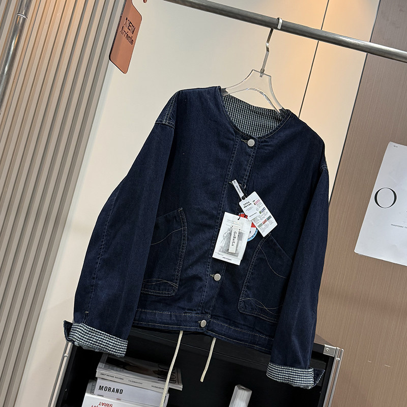 大厂订单!春季宽松廓形下摆抽绳设计棉质圆领休闲牛仔外套夹克女