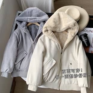 西班牙D~两面穿！加绒保暖宽松连帽麂皮绒毛绒飞行员夹克外套女冬