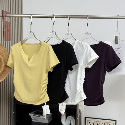 大厂订单！V领抽褶修身收腰显瘦弹力百搭正肩短袖T恤衫上衣女夏