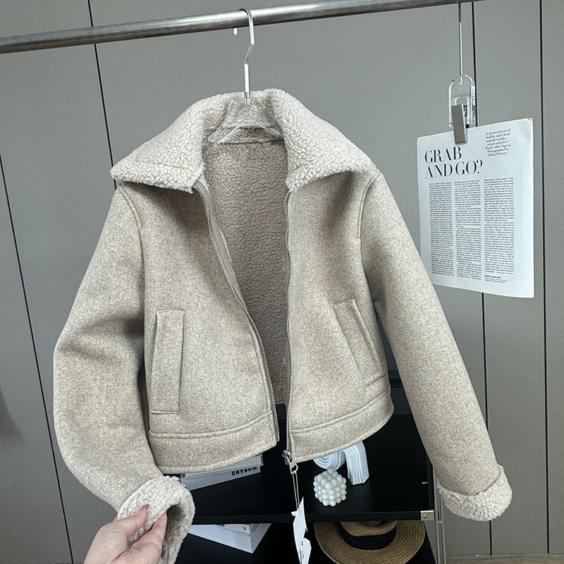 西班牙D~冬新品宽松加厚翻领羊羔绒保暖毛呢外套夹克机车服上衣女