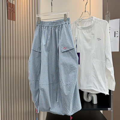 大厂订单！松紧高腰不规则设计文艺风格子捏褶灯笼裙中长款半身裙