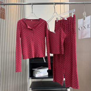 自带氛围感！立体菱格镂空提花棉可外穿家居服爱心睡衣三件套装女