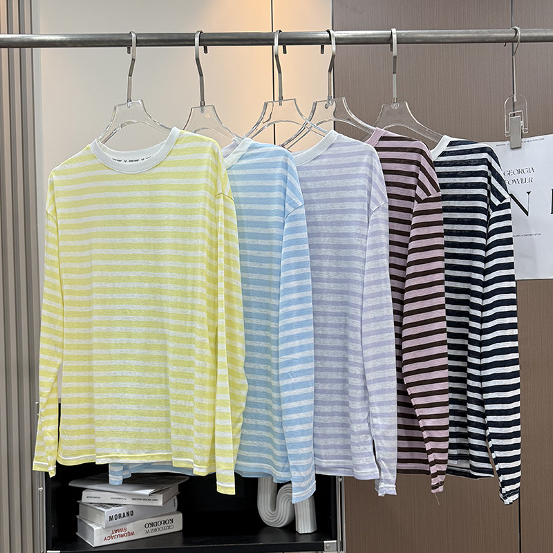 大厂订单！春夏宽松凉感户外冰丝长袖T恤莱赛尔条纹防晒罩衫上衣
