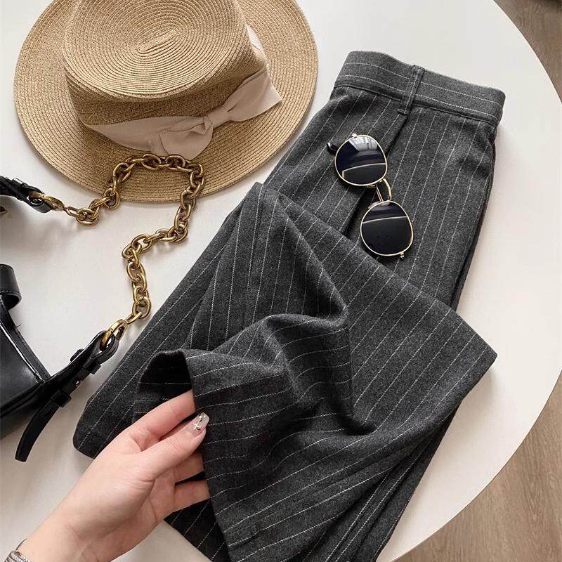 老美订单！老钱风通勤气质高腰遮胯显瘦条纹阔腿裤休闲西裤女秋
