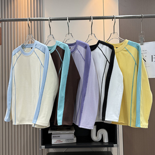 上衣 T恤打底衫 大厂订单 情侣秋冬软糯舒适百搭双面德绒拼色长袖