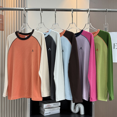 大厂订单！多巴胺色系秋冬情侣德绒拼色插肩袖T恤保暖打底衫上衣