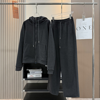 大厂订单！秋冬宽松慵懒双面绒加厚连帽卫衣外套厚绒阔腿裤套装女