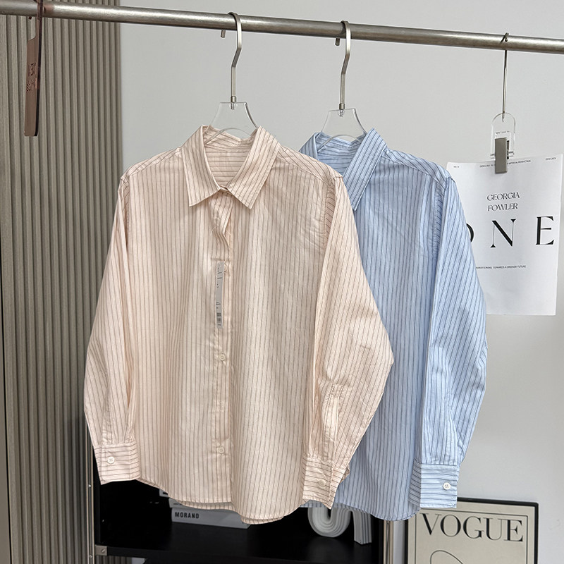大厂订单！秋季新品通勤宽松廓形显瘦棉质翻领长袖条纹衬衫女上衣