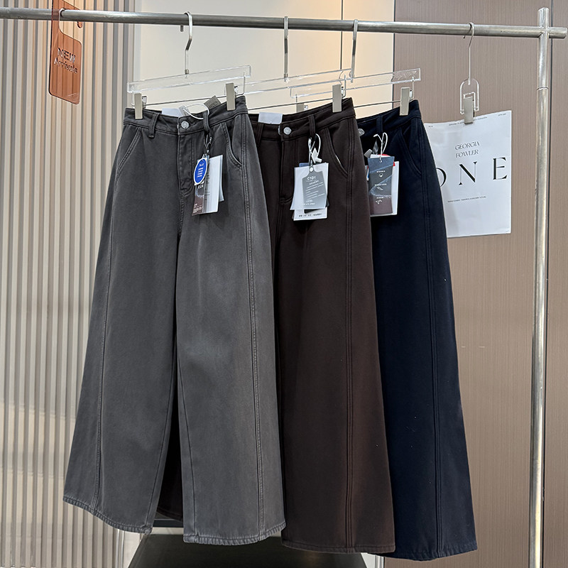 大厂订单！冬季高腰加绒加厚宽松显瘦弯刀阔腿牛仔裤直筒拖地裤女