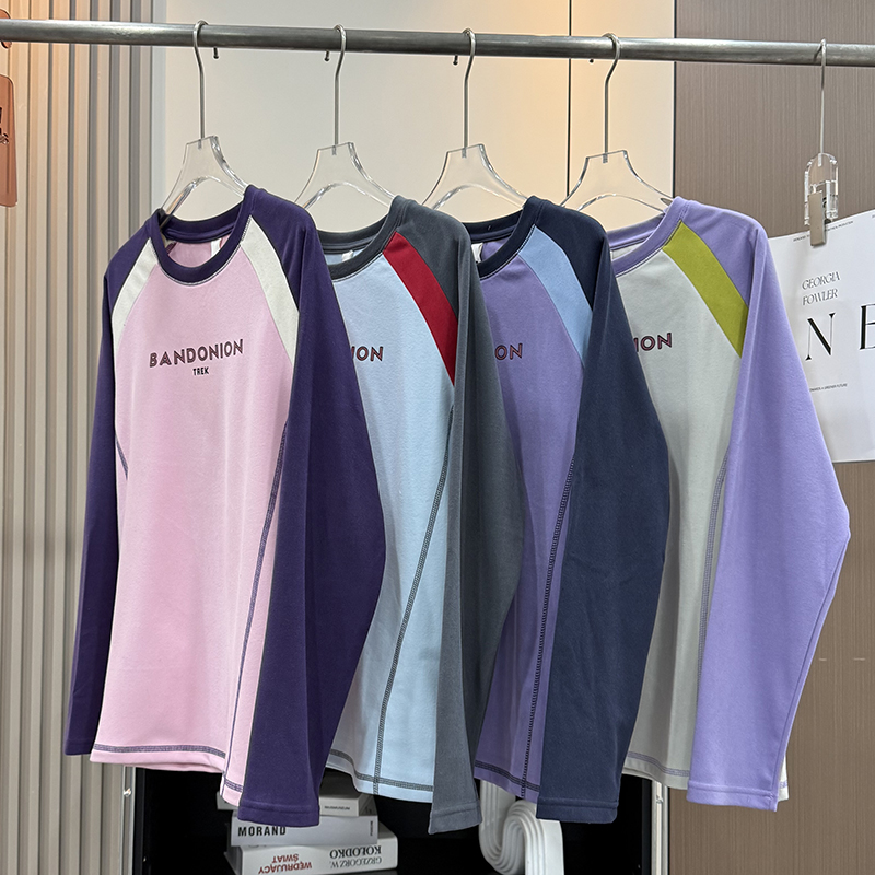 大厂订单！情侣秋冬撞色拼接德绒保暖舒适圆领长袖打底T恤套头衫