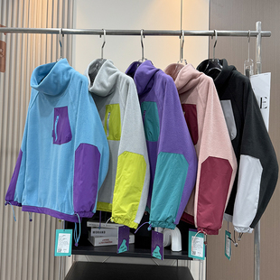 山系户外!秋冬宽松高领抓绒保暖撞色口袋运动长袖套头卫衣绒衫女