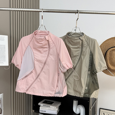 山系户外！凉感透气网纱拼接撞色个性斜拉链速干防晒短袖衬衫女夏