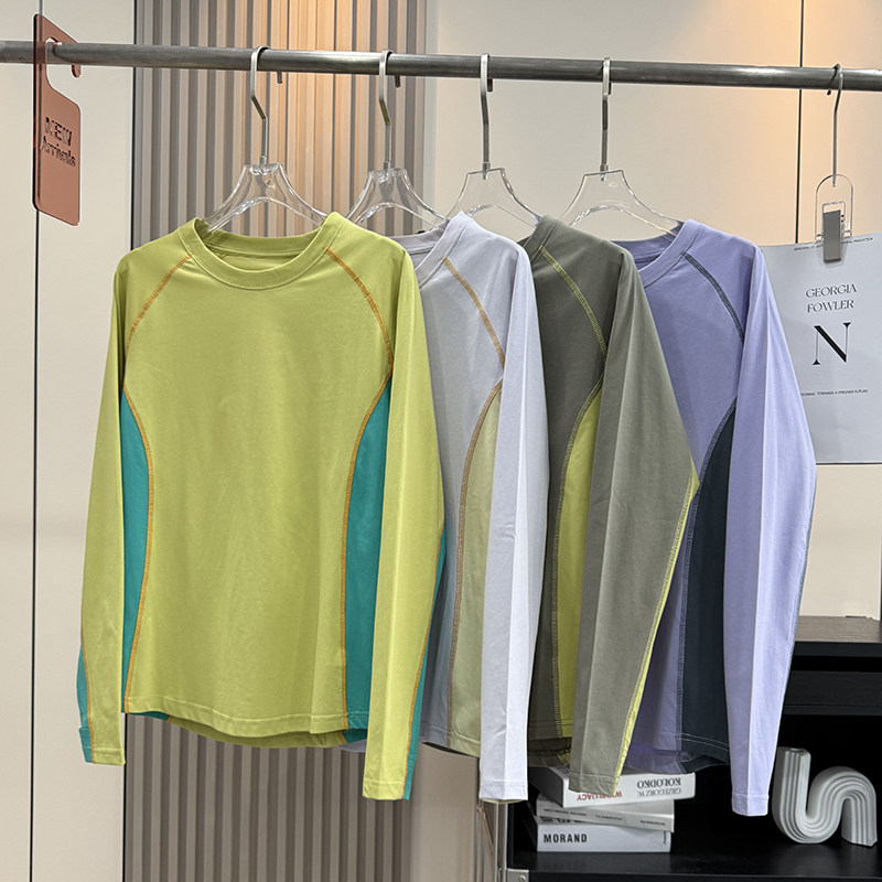 大厂订单！户外山系女士撞色明线骑行速干透气长袖T恤运动打底衫