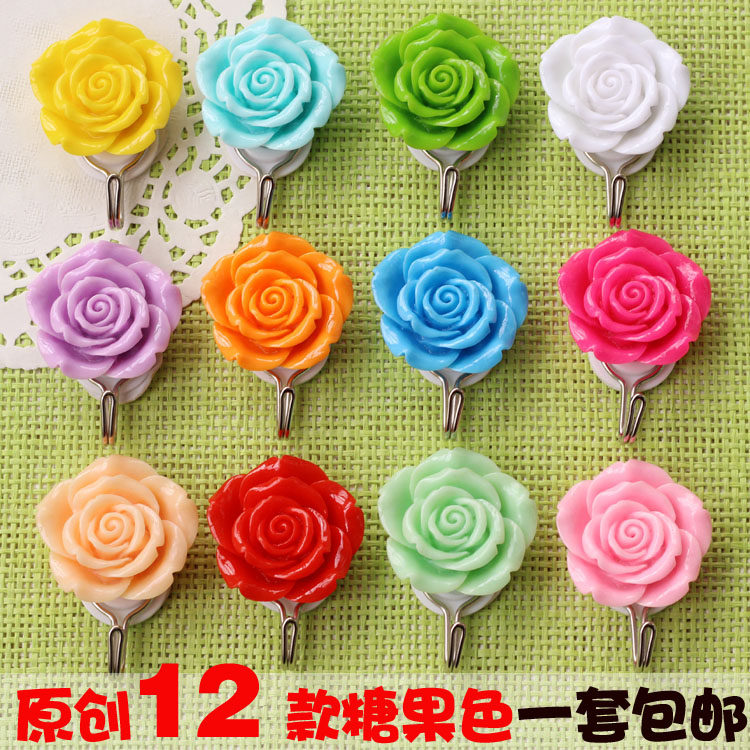 可爱花朵粘胶挂钩厨房浴室墙壁强力承重粘钩创意田园玫瑰花挂衣钩