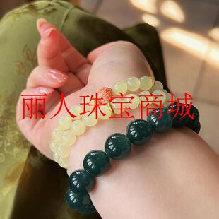 新疆和田玉两圈手链若羌黄玉原创新中式女款国风老料小众圆珠手串