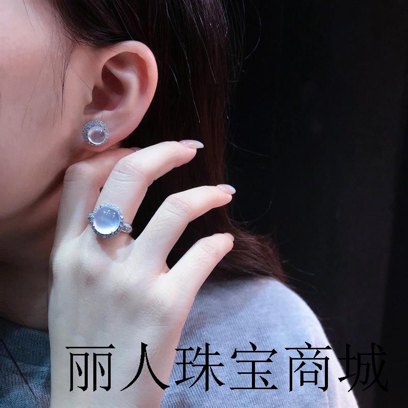 高品质高端冰种白玉髓戒指玻璃种翡翠色精选款式正阳绿蛋面银耳钉
