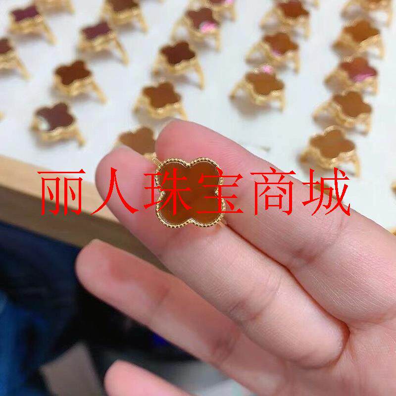 新疆且末料全糖和田玉四叶草吊坠戒指套装锁骨链焦红糖镀银女饰品