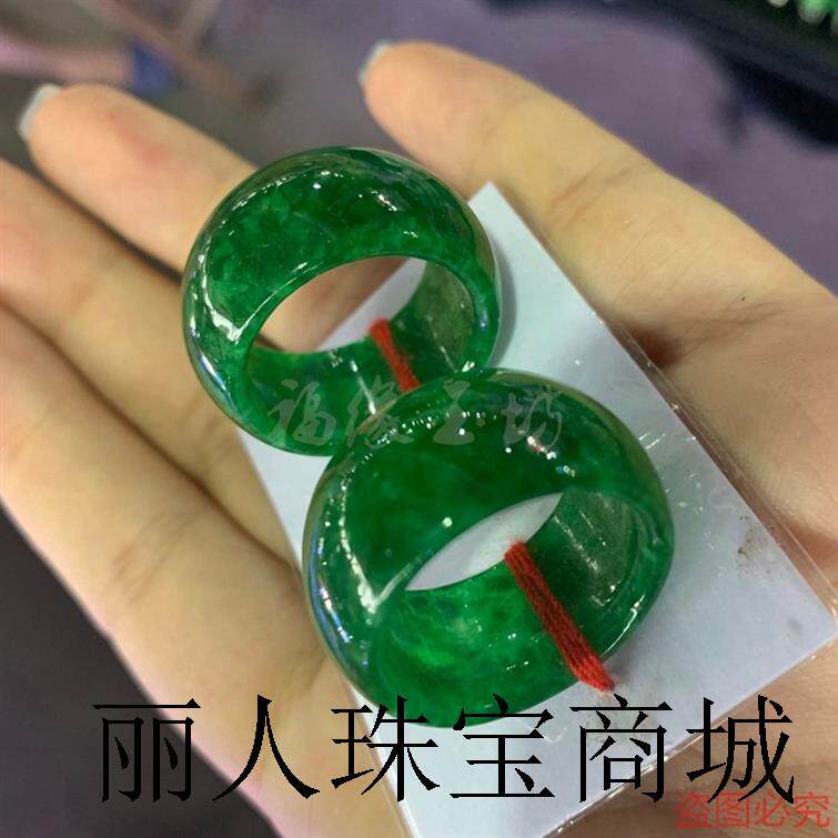 缅甸老坑干青辣绿飘花翡翠色宽版玉石戒指女男款玉扳指时尚送礼物