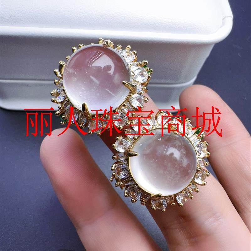 缅甸翡翠色戒指冰透飘花圆形转运珠戒圈白冰大蛋面玉石戒指女款