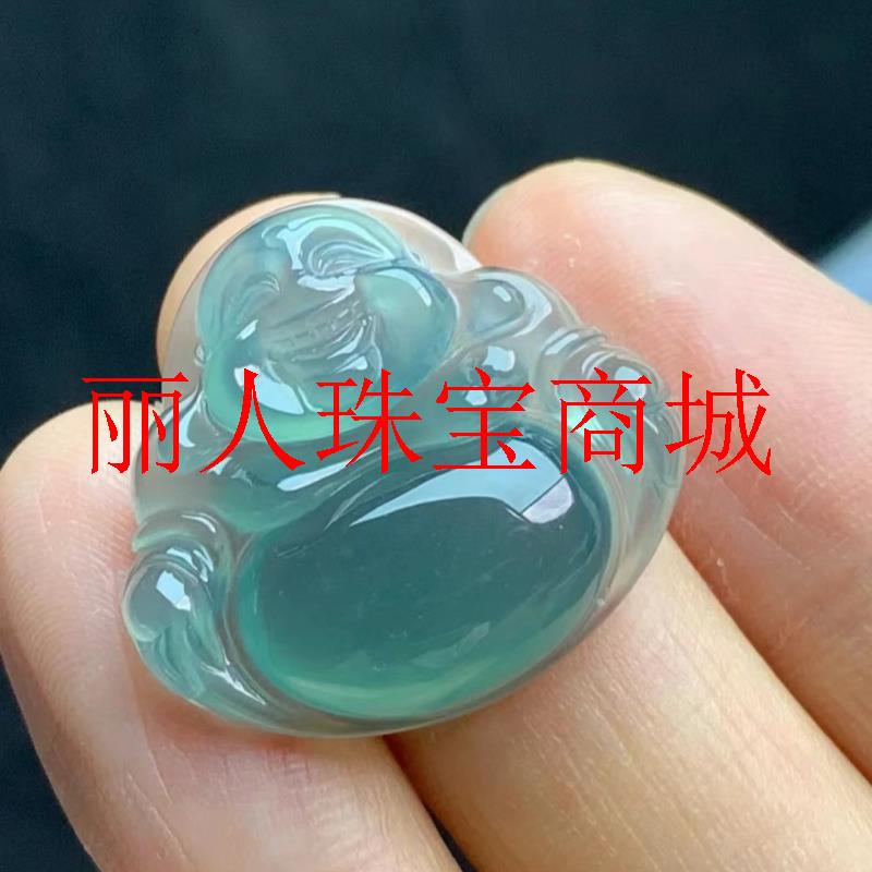 缅甸冰蓝水翡翠色玉佛吊坠男女款冰种弥勒笑佛玉佩佛公大肚佛项链