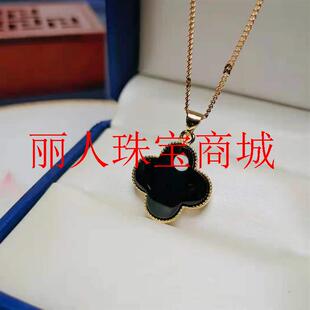新款高冰四叶草项链银镶嵌黑玛瑙玉髓旺夫转运项链吊坠锁骨链饰品