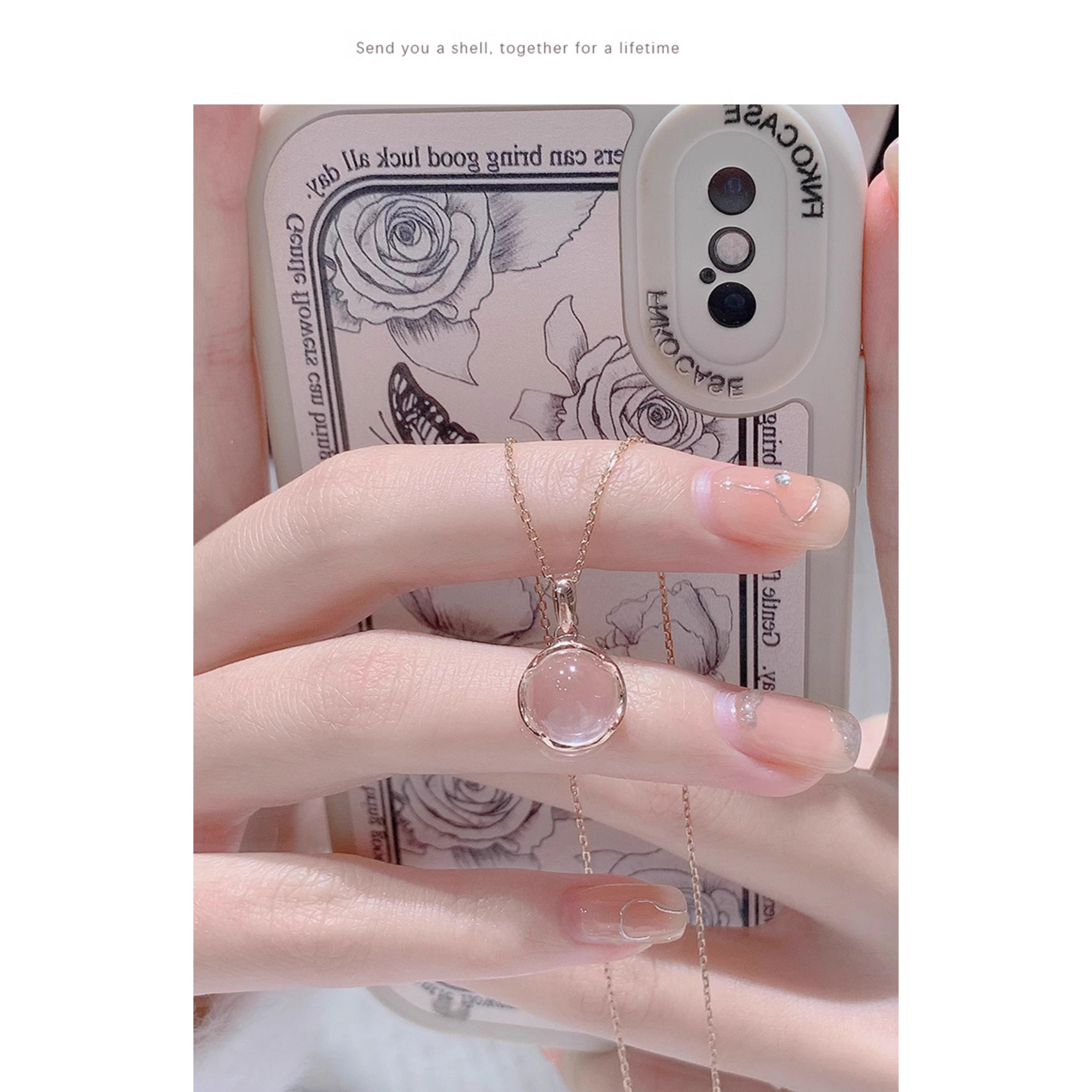 粉水晶项链玫瑰金镶四叶草玛瑙水晶玉坠小众设计感招桃花锁骨项链