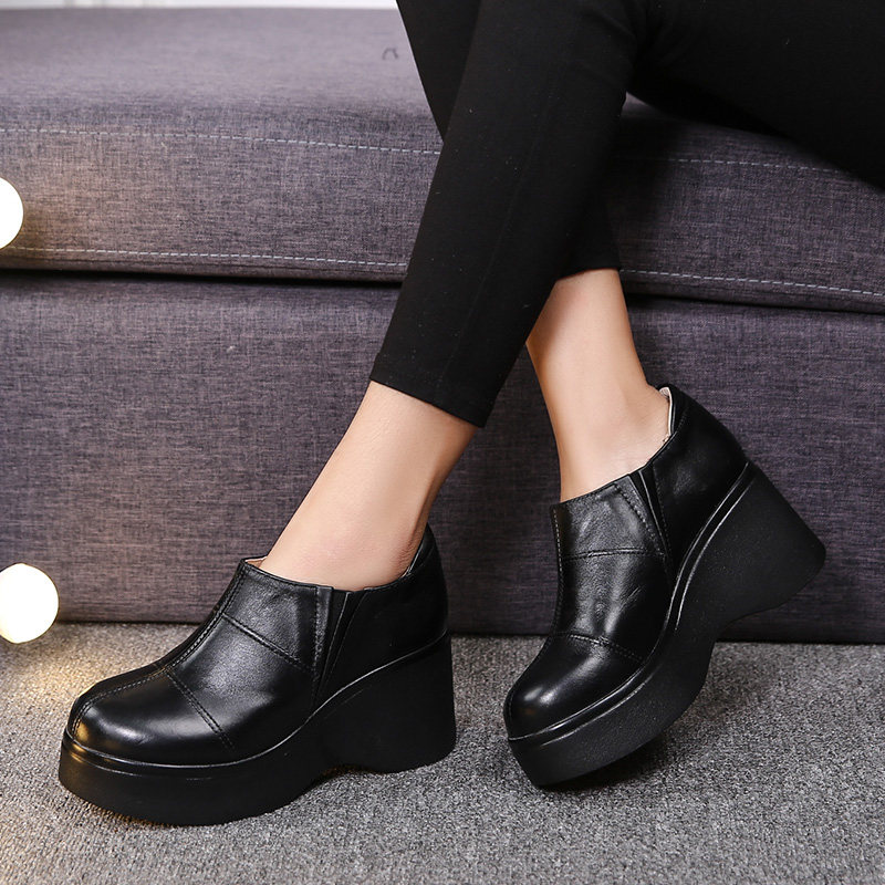 典缀2020春季新款松糕厚底女鞋高跟坡跟单鞋女圆头防水台皮鞋套脚,女鞋,深口单鞋,淘宝优惠券,粉丝福利购,淘宝优惠卷