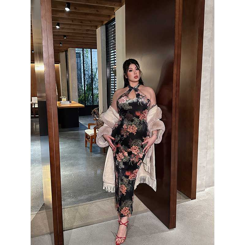 Boolibyoo 东方美学大码复古新中式旗袍女收腰开叉性感包臀连衣裙